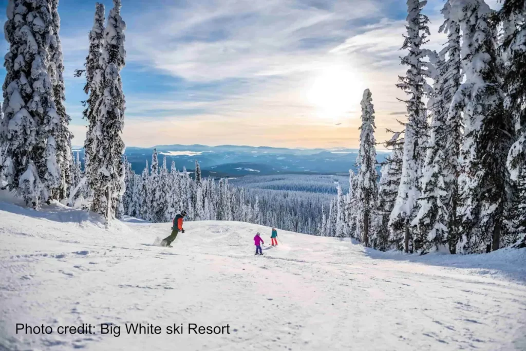 skiers on a groomed run at Big White ski resort
