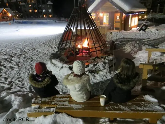kids sitting around a fire in the snow at Kicking Horse Ski Resort