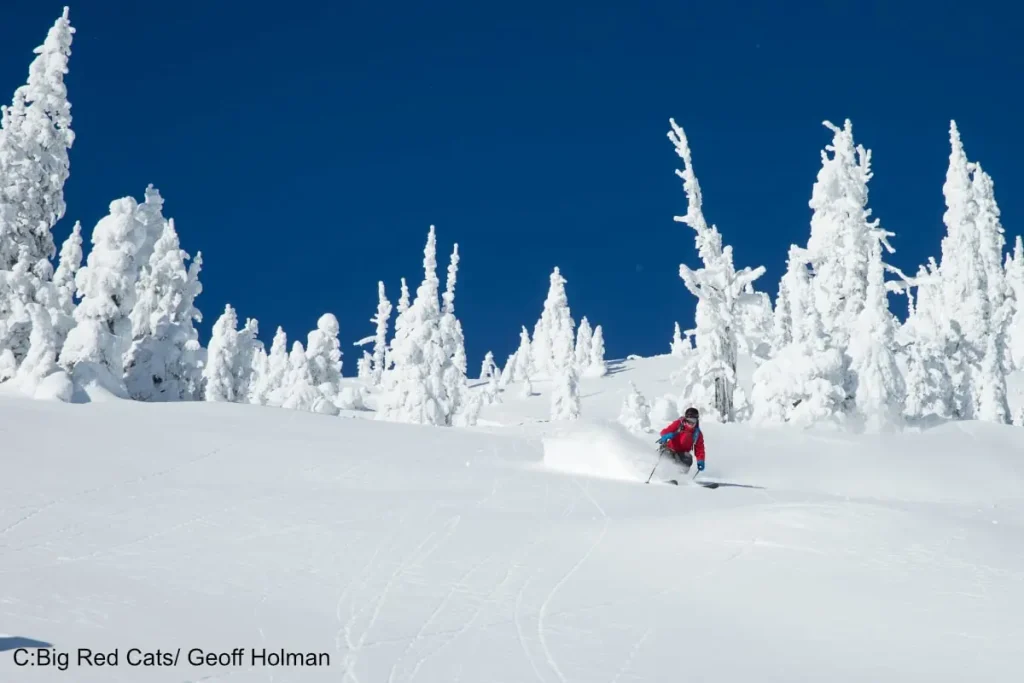 lone skier on a bluebird day at Red Mountain