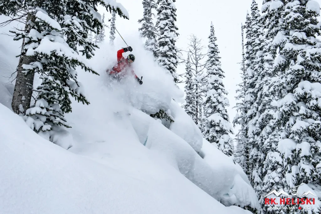 Skier in deep powder with RK Heli ski