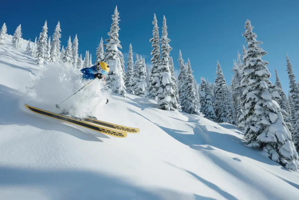 skier in deep powder on a sunny day in Revelstoke