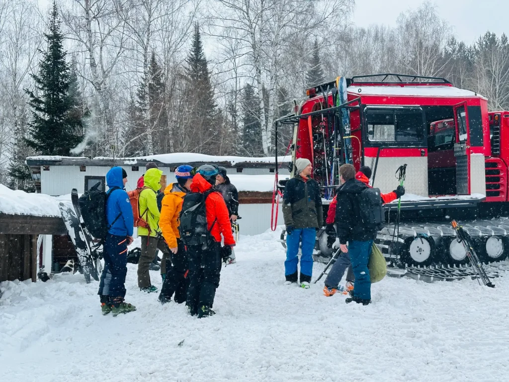 Cat skiers preparing to board the Cat in Revelstoke