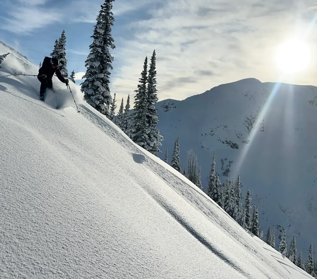 skiing fresh powder on a sunny day in Whistler