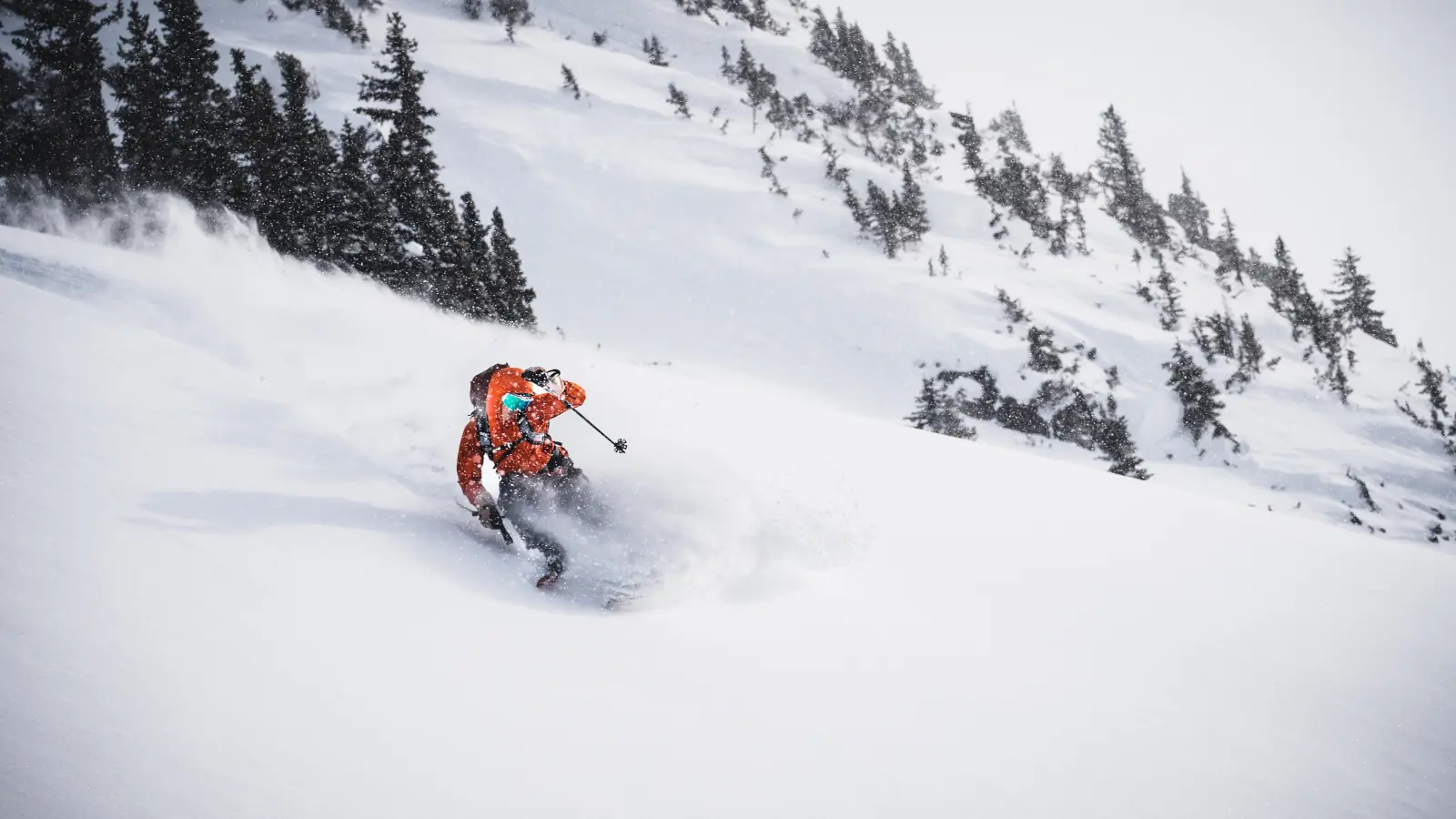 skier making a turn in deep powder at Whitecap Alpine Adventure Lodge
